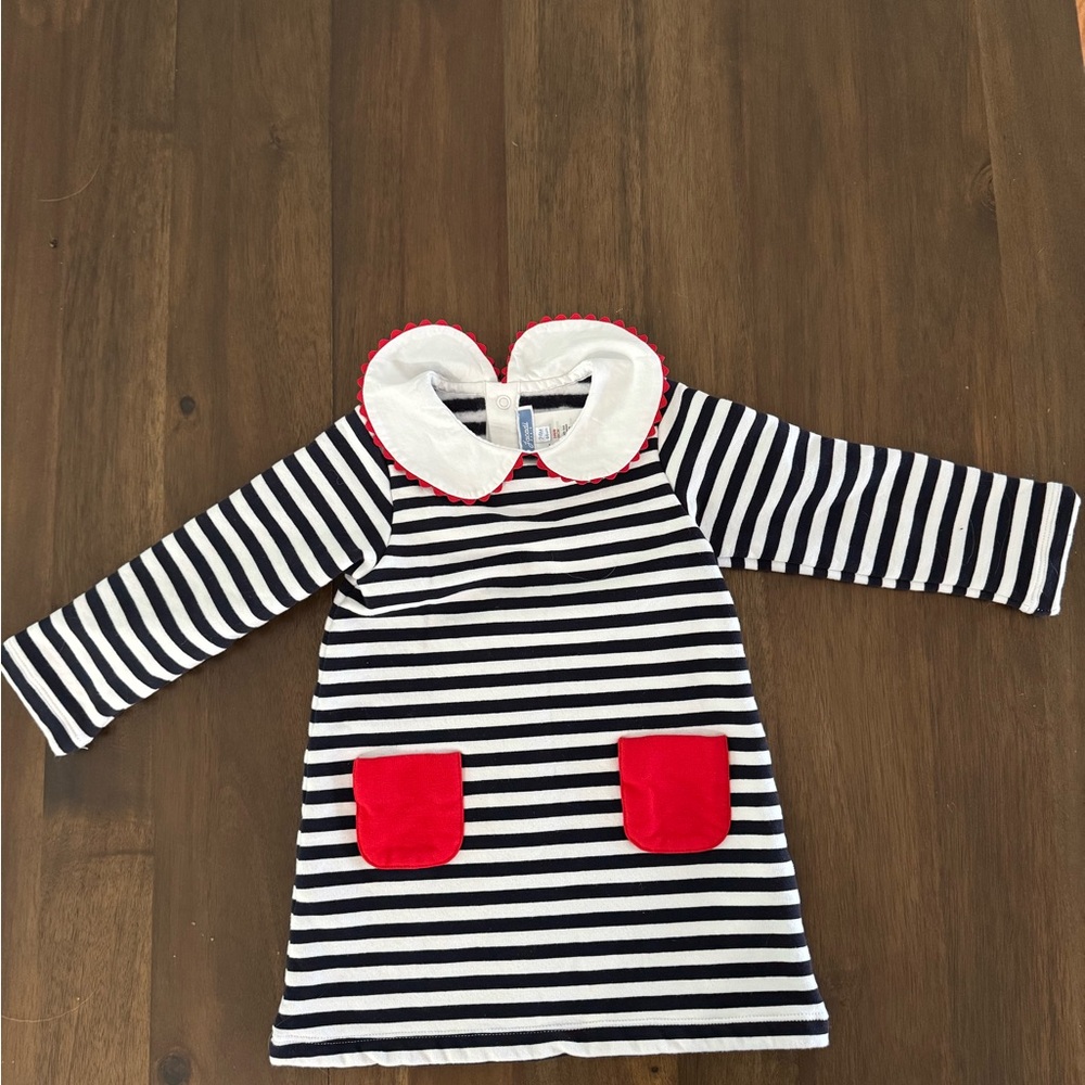 Jacadi Navy and White Striped Dress with Red Trim